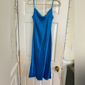 Blue satin cowl neck slip dress